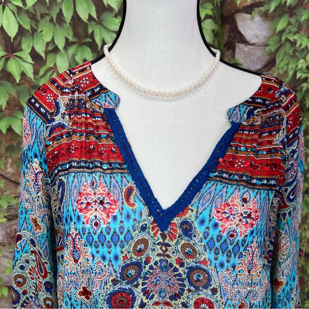 SOFT SURROUNDINGS Turquoise Coastal Cowgirl Flowy Semi-Sheer Chiffon Top, M - Picture 4 of 12